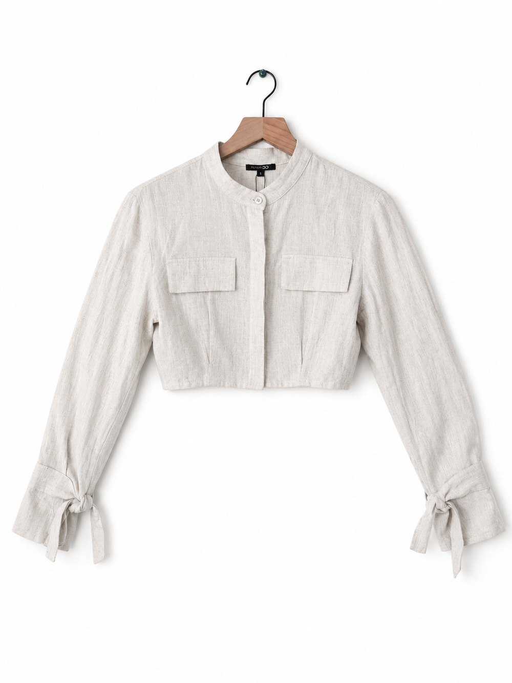 Papermoon Linen Blend Cropped Jacket Top Beige Tie Sleeve Size Small NWT